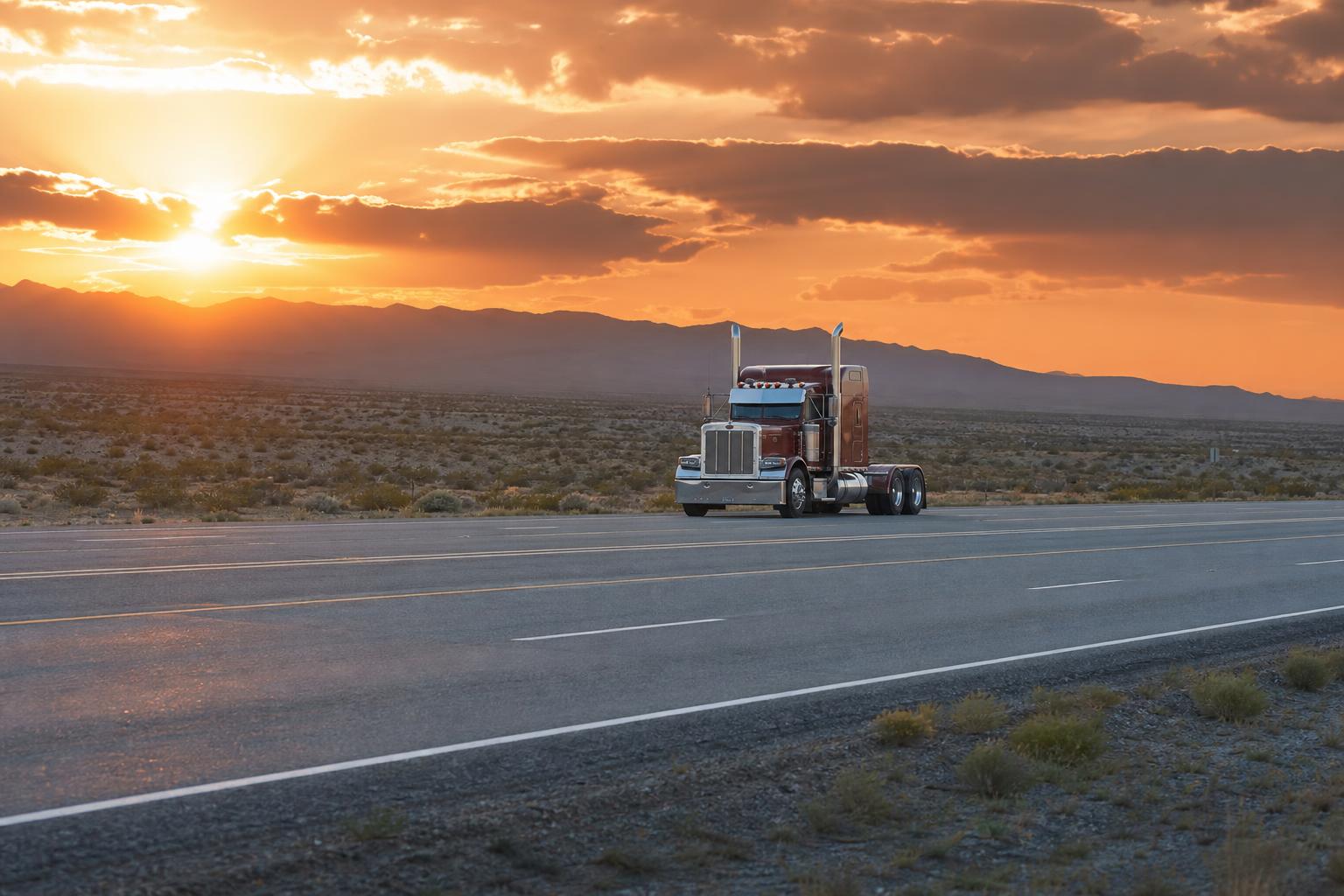 Bobtail semi truck cab driving on an open highway